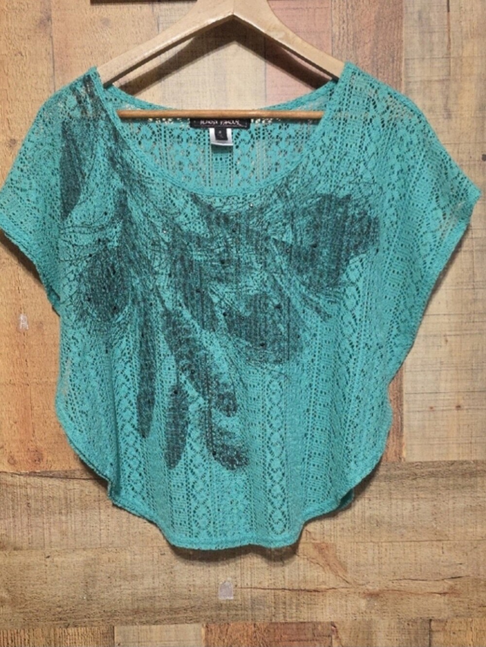 Almost Famous Teal Crochet Short Dolman Tunic with Leaf Print